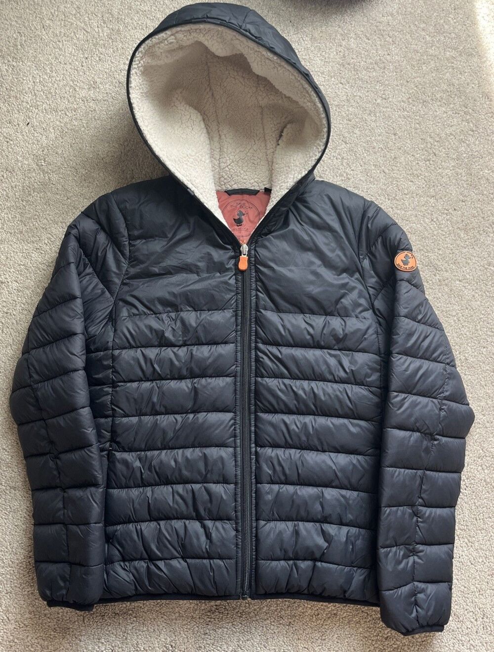 Save the Duck Puffer Jacket Kids 12 Black Sherpa Down Alternative Vegan Hooded